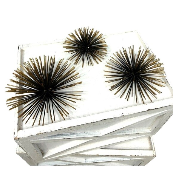 Metal Gold  Atomic Era Starburst Sea Urchin Wall Hanging Decor MCM Set Of 3 - Picture 1 of 10